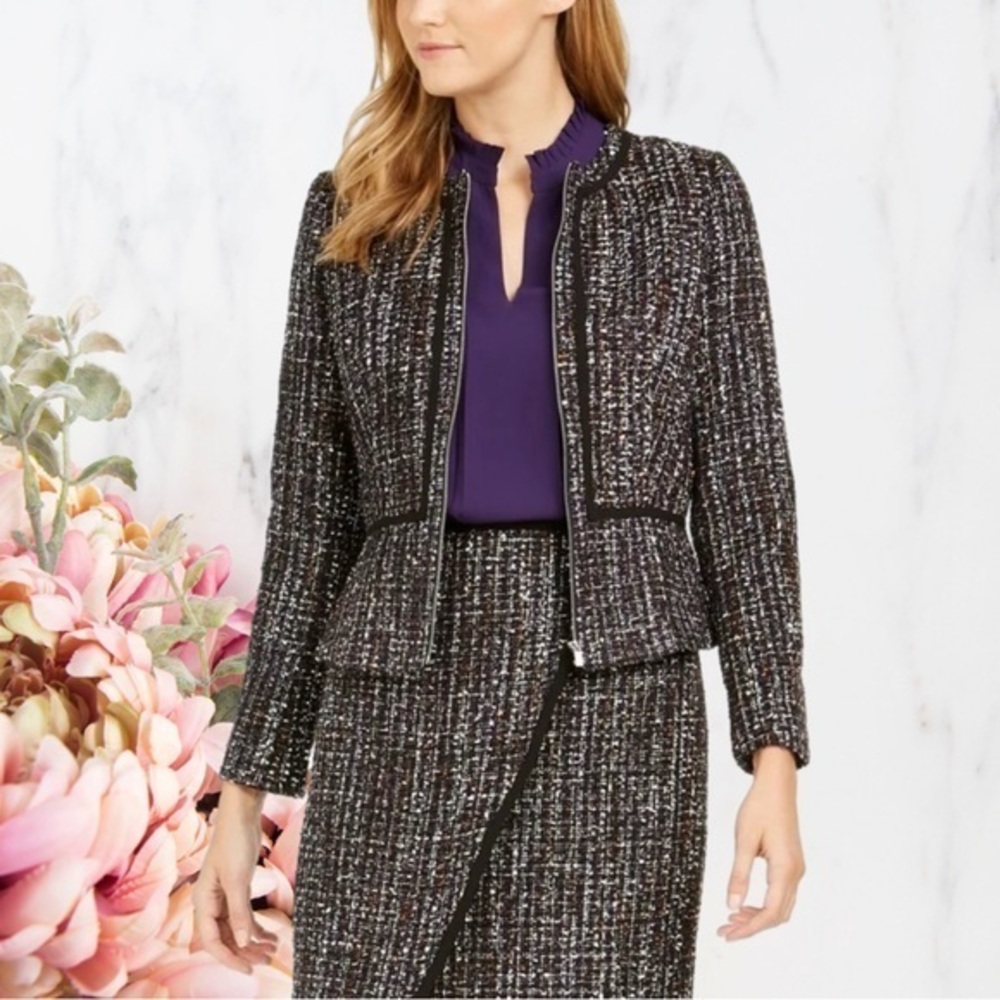 Calvin Klein Women's Tweed Zip-Front Collarless Jacket Size 16